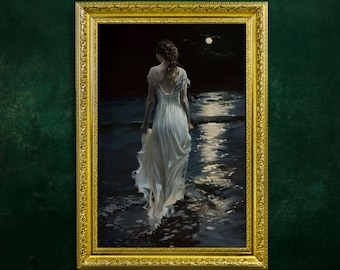 Into The Lake Framed Print,Ornate Gold Framed,Vintage Frame,Vintage Oil painting,Dark Art,Moody Art,Dark Academia,Woman Lake Print,Moody Art