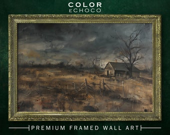 Deserted Farmland Framed Print,Ornate Gold Framed,Vintage Frame,Vintage Oil painting,Dark Art,Moody Art,Dark Academia,Dark Americana,Moody