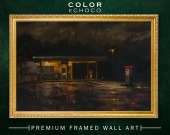 Lonely Gas Station Framed Print,Ornate Gold Framed,Vintage Frame,Vintage Oil painting,Dark Art,Moody Art,Dark Academia,Dark Americana,Moody