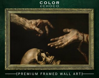 Hands & Skull Framed Print, Ornate Gold Framed, Vintage Frame, Vintage Oil painting,Dark Art, Moody Art,Dark Academia,Dark Americana,Moody