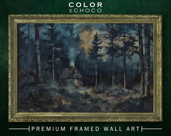 Forest Hut Framed Print,Ornate Gold Framed,Vintage Frame,Vintage Oil painting,Dark Art,Moody Art,Dark Academia,Dark Americana Artwork,Moody