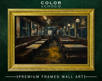 Empty Diner Framed Print,Ornate Gold Framed,Vintage Frame,Vintage Oil painting,Dark Art,Moody Art,Dark Academia,Dark Americana Art,Moody Art