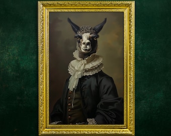 Gothic Alpaca Portrait Framed Print, Ornate Gold Framed, Vintage Frame, Vintage Oil painting,Dark Academia,Dark Victorian,Renaissance Art