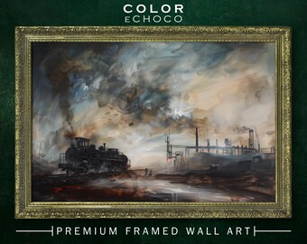 Industrialism Framed Print,Ornate Gold Framed,Vintage Frame,Vintage Oil painting,Dark Art,Moody Art,Dark Academia,Dark Americana Art,Moody