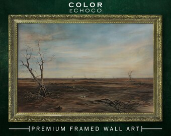 Desolate Field Framed Print,Ornate Gold Framed,Vintage Frame,Vintage Oil painting,Dark Art,Moody Art,Dark Academia,Dark Americana Art,Moody