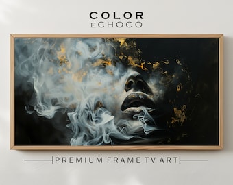 Frame TV Art, Surreal Smoke Art for Modern Home, Wall Decor, Fantasy Face Painting, Abstract Portrait for Living Room, Digital Oil Art, Gold