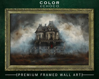 Haunted House Framed Print,Ornate Gold Framed,Vintage Frame,Vintage Oil painting,Dark Art,Moody Art,Dark Academia,Dark Americana Art,Moody