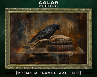 Raven & Books Framed Print, Ornate Gold Framed, Vintage Frame, Vintage Oil painting, Dark Art, Moody Art,Dark Academia,Dark Americana,Moody