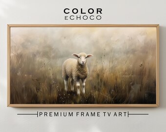 Cadre TV Art agneau dans le champ peinture à l'huile vintage Dark Academia Cottagecore numérique Téléchargement instantané Nature morte décor à la maison Animal mouton solitaire