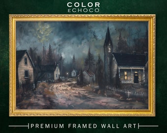 Quaint Village Framed Print,Ornate Gold Framed,Vintage Frame,Vintage Oil painting,Dark Art,Moody Art,Dark Academia,Dark Americana Art,Moody