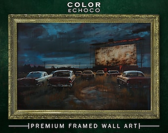 Drive-In Theater Framed Print,Ornate Gold Framed,Vintage Frame,Vintage Oil painting,Dark Art,Moody Art,Dark Academia,Dark Americana,Moody