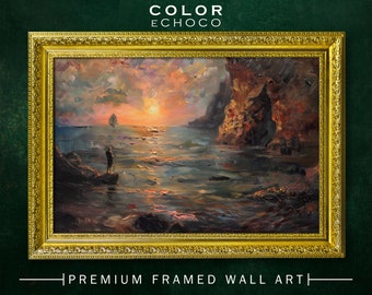 Rocky Coastline Framed Print,Ornate Gold Framed,Vintage Frame,Vintage Oil painting,Dark Art,Moody Art,Dark Academia,Dark Americana,Moody Art