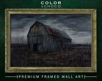 Deserted Barn Framed Print,Ornate Gold Framed,Vintage Frame,Vintage Oil painting,Dark Art,Moody Art,Dark Academia,Dark Americana Art,Moody