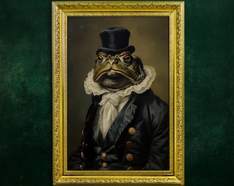 Gothic Frog Toad Portrait Framed Print, Ornate Gold Framed, Vintage Frame, Vintage Oil painting,Dark Academia,Dark Victorian,Renaissance Art