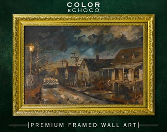 Small Town Life Framed Print,Ornate Gold Framed,Vintage Frame,Vintage Oil painting,Dark Art,Moody Art,Dark Academia,Dark Americana,Moody Art