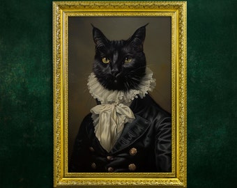Gothic Cat Portrait Framed Print, Ornate Gold Framed, Vintage Frame, Vintage Oil painting,Dark Academia,Dark Victorian,Renaissance Art Cat