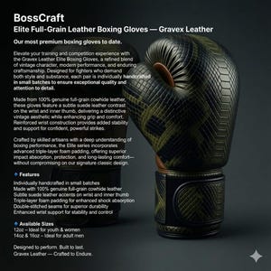 May include: Elite full-grain leather boxing gloves in a snakeskin pattern with the text "BossCraft" and "Gravex Leather." The gloves have a black and olive green design with brown accents. The gloves are made of cowhide leather and have reinforced wrist construction.