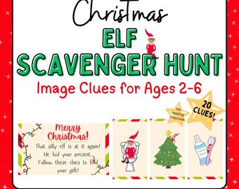 Kerstelf-speurtocht: 20 foto-aanwijzingen voor kinderen (2-6 jaar) (digitale download)