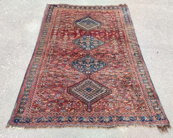 Shiraz Teppich 150x200, geometrischer Teppich, persischer Teppich 150x200, Großer Roter Teppich, Wohnzimmerteppich, Heriz Teppich, Antiker Teppich 150x200, Vintage Teppich, lebendiger Teppich
