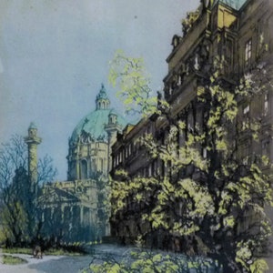 Peut inclure: Une peinture à l'aquarelle vintage représentant une ville avec un grand bâtiment à l'arrière-plan et un bâtiment plus petit au premier plan. Les bâtiments sont peints dans des tons de brun, jaune et vert. Il y a des arbres au premier plan et une rue au milieu.