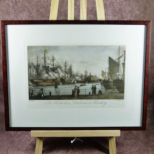 19th Century Colored Etching – Der Hafen beim Blockhause in Hamburg, Framed