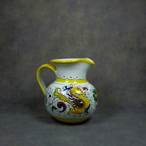 Vintage Deruta Yellow Dragon Hand-Painted Ceramic Pitcher, Made in Italy, Excellent Condition