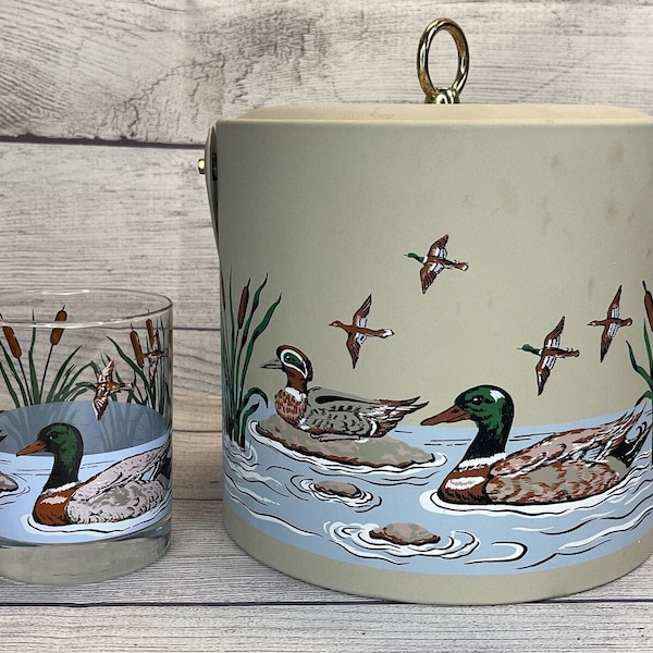 VTG Georges Briard Ice Bucket and Glass Mallard, Green Winged Teal Ducks. MCM