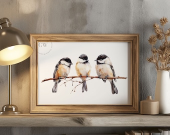 Watercolor Chickadee Bird Trio On A Limb | Watercolor | Farmhouse Decor | Minimalist Watercolor |Springtime Artwork| Bird Enthusiast Artwork