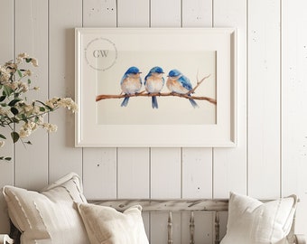 Three Bluebirds on a Limb Watercolor Art | Watercolor | Farmhouse Wall Decor | Minimalist Watercolor | Springtime Artwork| Watercolor Birds