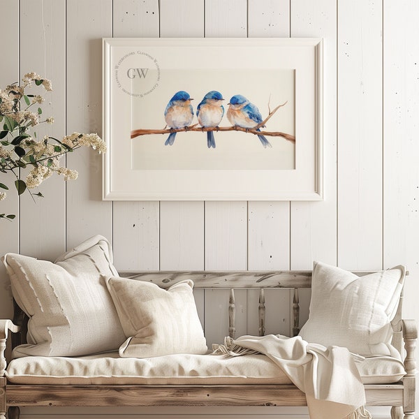 Three Bluebirds on a Limb Watercolor Art | Watercolor | Farmhouse Wall Decor | Minimalist Watercolor | Springtime Artwork| Watercolor Birds