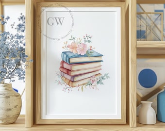 Watercolor Florals And Books Digital Download| Book Art| Floral Artwork| Girls Room Artwork |  Decor | Book Decor | Watercolor Reading Art