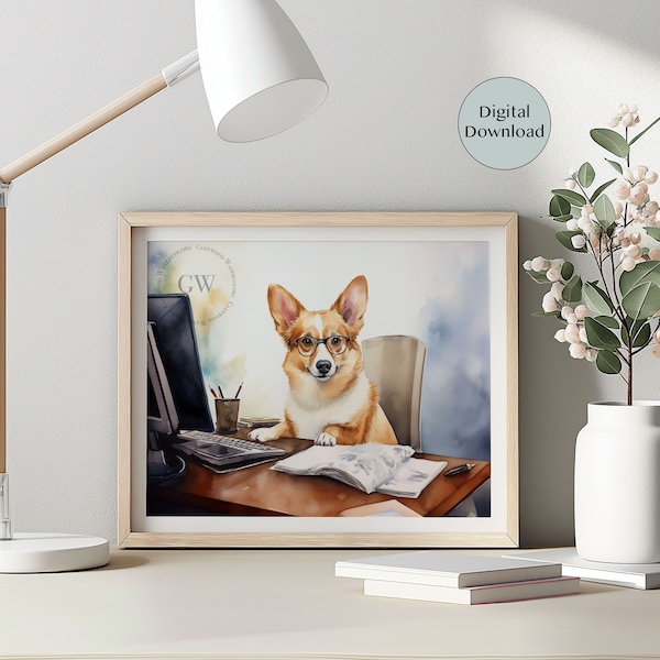 Welsh Corgi Watercolor Digital Download| Watercolor Pet Portrait Art | Office Animal Art| Corgi Gift | Unique Pet Office Decor | Corgi Lover