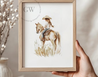 Watercolor A Girl And Her Horse Digital Download | Nursery Art| Farm Kid Decor |Girls Horse Theme Room Decor | Cowgirl Art|Little Girls Room