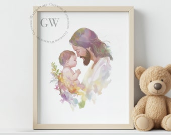 Watercolor Jesus Holding Baby In His Arms Digital Download | Caring Gift | Sympathy Gift | Special Miscarriage Comfort Gift |Jesus Loves