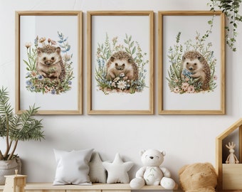 Adorable Set of 3 Hedgehogs | Hedgehog Art | Woodland Nursery Wall Decor | Forest Animals | Nature Theme Play Room |Watercolor Nursery