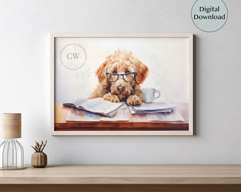 May include: A watercolor painting of a brown and white dog wearing glasses and sitting at a table with a cup of coffee and a stack of papers. The dog is looking at the viewer with a thoughtful expression.