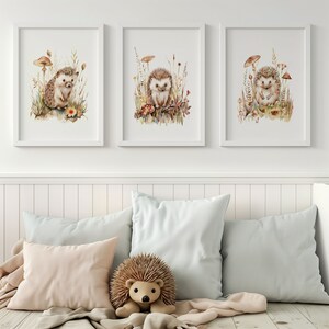 May include: Three watercolor illustrations of hedgehogs in a woodland setting. Each illustration features a hedgehog with brown and white fur, surrounded by mushrooms, leaves, and flowers. The illustrations are framed in white frames and displayed on a white wall.