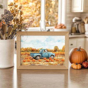 Blue Vintage Farm Truck Fall Digital Download  | Fall Farmhouse | Watercolor Pumpkin Decor | Rustic Decor | Autumn Artwork| Fall Wall Decor