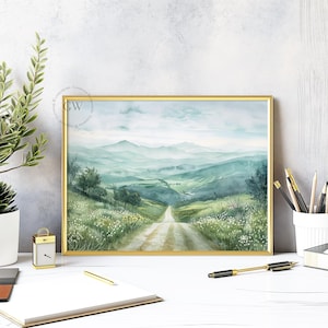 Puede incluir: Una pintura de acuarela de un camino sinuoso que conduce a través de un valle verde con colinas onduladas en el fondo. El cielo es de un azul suave con nubes blancas.