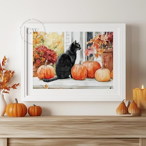 Watercolor Black Cat And Pumpkins Digital Download | Watercolor Autumn Decor | Rustic Decor | Autumn Artwork| Fall Wall Decor |Cat Lover Art