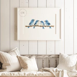 May include: A watercolour painting of four blue birds perched on a branch. The birds are facing to the right and have light blue bellies. The background is white.