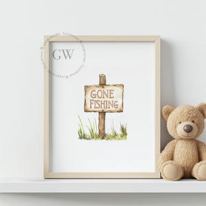May include: A watercolor illustration of a wooden sign with the text "Gone Fishing" in red lettering. The sign is attached to a wooden post and surrounded by green grass.