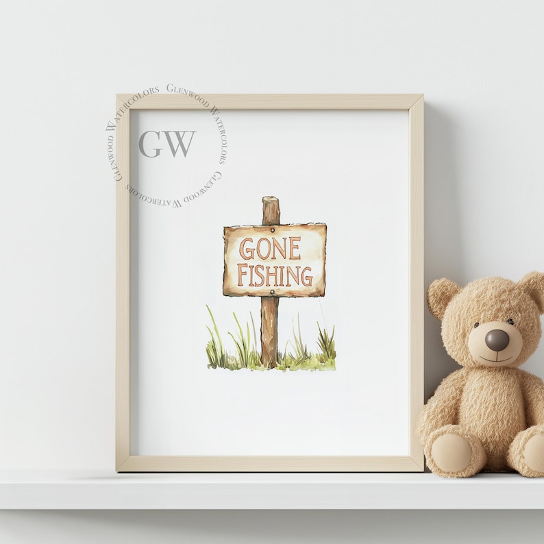 May include: A watercolor illustration of a wooden sign with the text "Gone Fishing" in red lettering. The sign is attached to a wooden post and surrounded by green grass.