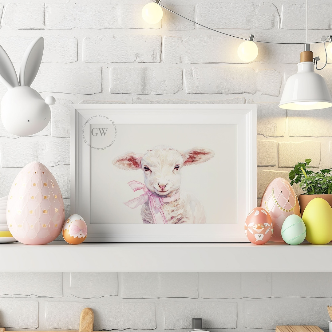 Spring Lamb | Watercolor Artwork of Adorable White Lamb With Pink Bow ...