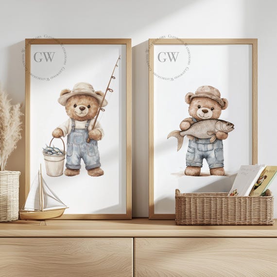 Watercolor Gone Fishing Bears Set Of 3 Nursery Digital Download | Nursery Art| Fishing Decor |Boys Nursery | Fishing Art|Adventure Nursery