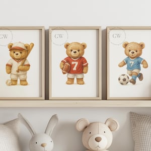 Sports Bear Wall Art Set | Cute Teddy Bear Nursery Decor | Sports Theme Kids Room Art | Digital Bear Wall Prints | Printable Nursery Artwork