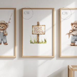May include: Three watercolor illustrations featuring a brown bear wearing overalls and a hat. The first image shows the bear holding a fishing rod and a bucket of fish. The second image shows a wooden sign that reads "Gone Fishing". The third image shows the bear holding a fish.