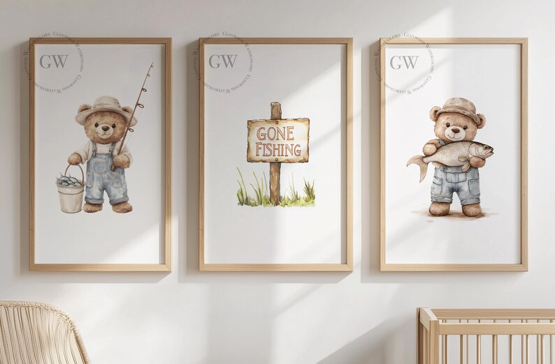 May include: Three watercolor illustrations featuring a brown bear wearing overalls and a hat. The first image shows the bear holding a fishing rod and a bucket of fish. The second image shows a wooden sign that reads "Gone Fishing". The third image shows the bear holding a fish.