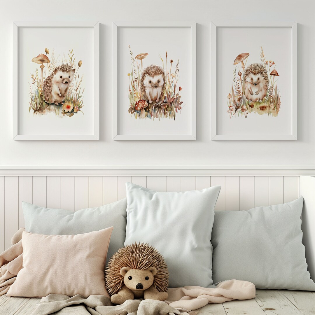 Woodland Set of 3 Adorable Hedgehogs | Hedgehog Art | Wooden Nursery ...