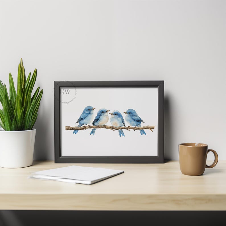 May include: A framed watercolour painting of four bluebirds perched on a branch. The birds are facing to the right and have white bellies and blue wings.